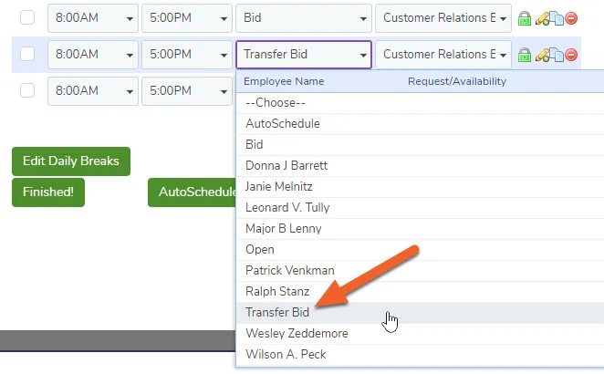 Add transfer bid shifts to a schedule