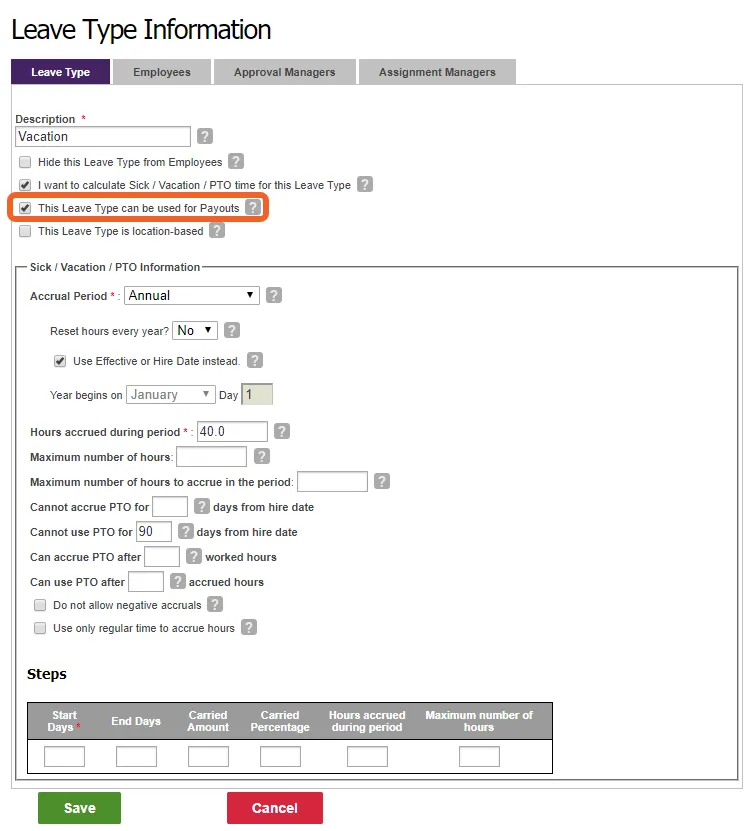 Allow PTO payouts for a specific type of leave