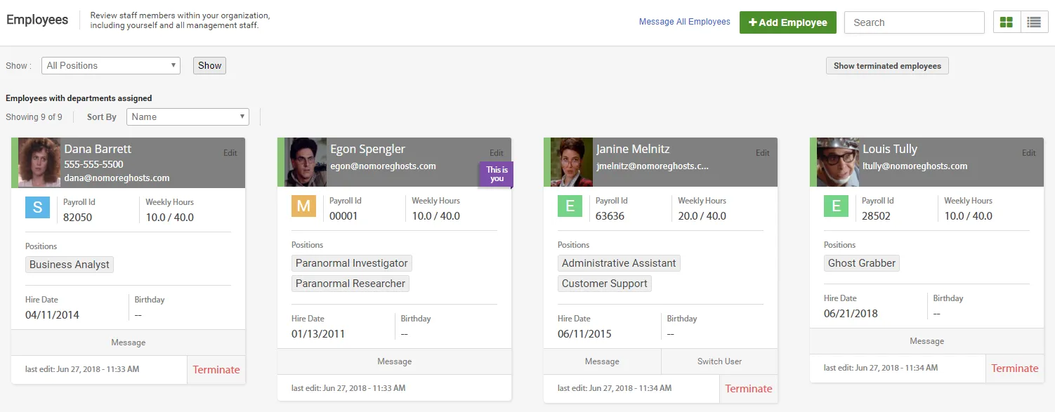 Example Employee Roster displayed in Grid View