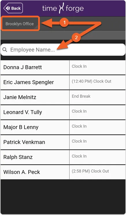 For the selected location, locate an employee to clock in