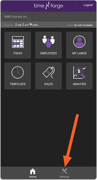 From the home screen, tap the Settings icon at the bottom of the app