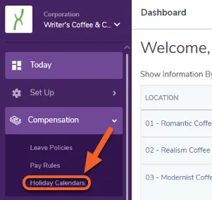 Navigate to the Holiday Calendars set up page