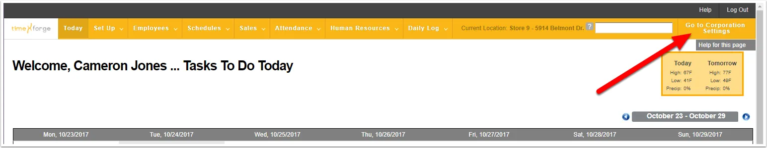 Switch to the Corporate level in TimeForge