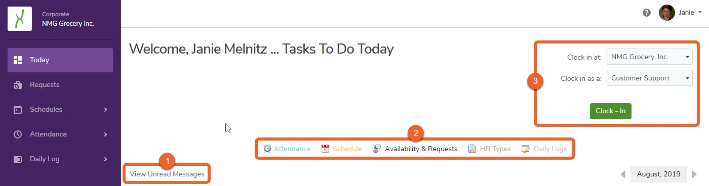 Top of the Today Page (Messages and Clock-in)