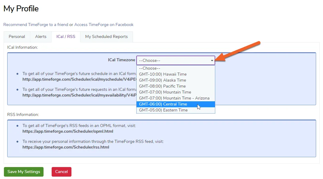 Choose a time zone in the ICal Information box