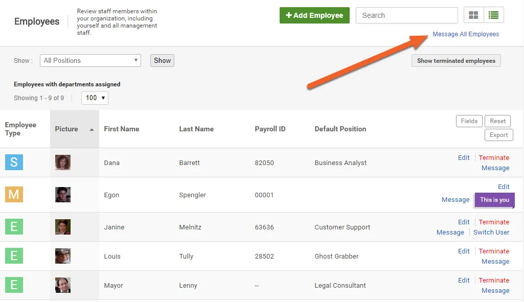 Click the “Message All Employees” link in the upper right
