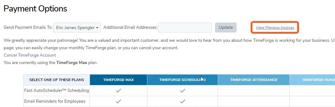 Click the “View Previous Invoices” link