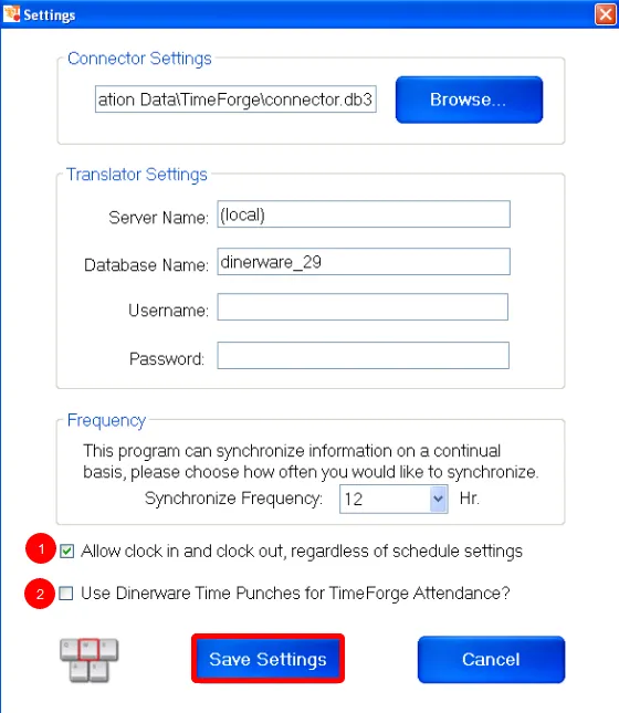 Disable the Dinerware time punch synchronization.