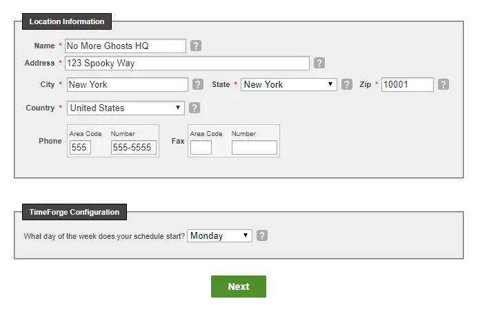 Enter your company and location information