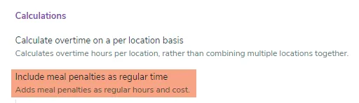 Locate the meal penalties options under the Calculations section