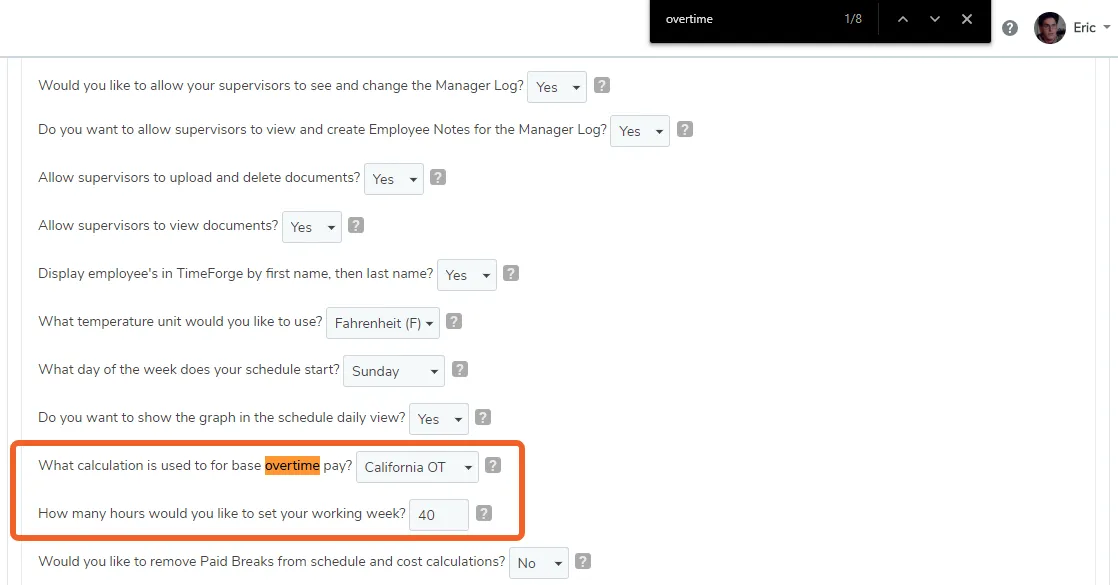 Locate the overtime options