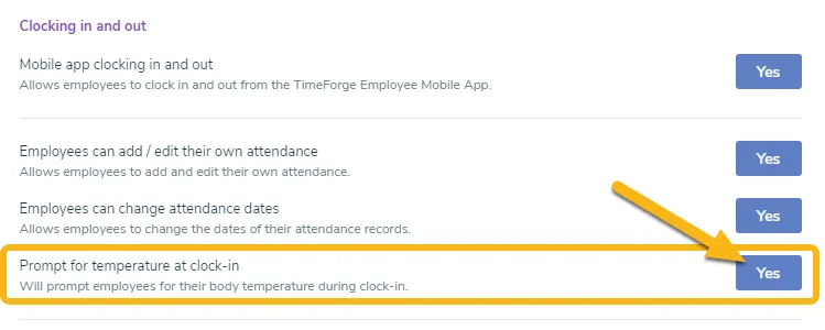 Locate the temperature setting and select Yes