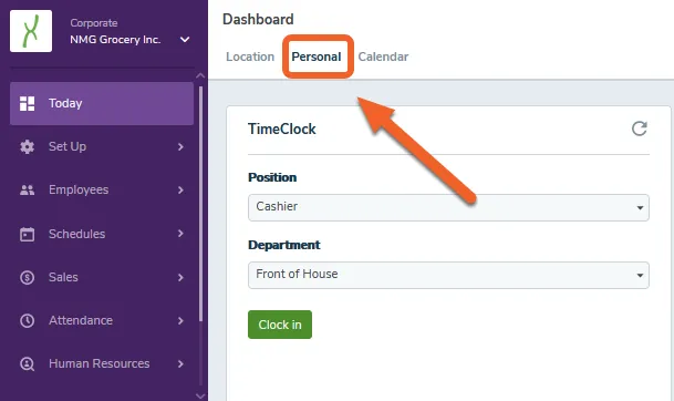 Log into TimeForge or, if you’re already logged in, click the Today button to visit the Today page