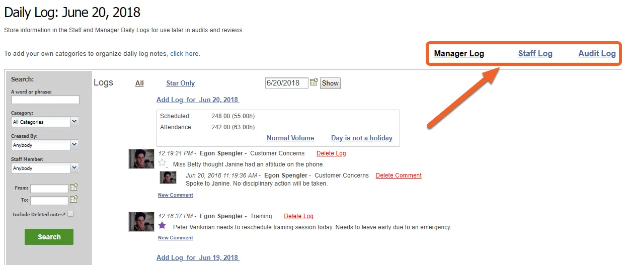Select a log (Manager, Staff, or Audit)