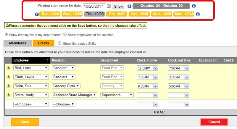 Select the correct date and employee.