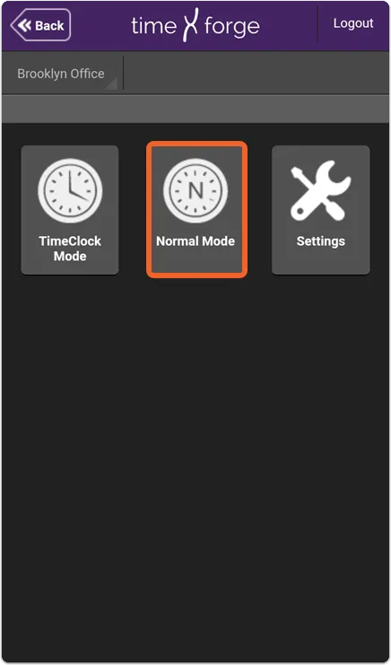 Tap the TIMECLOCK tile, then tap Normal Mode