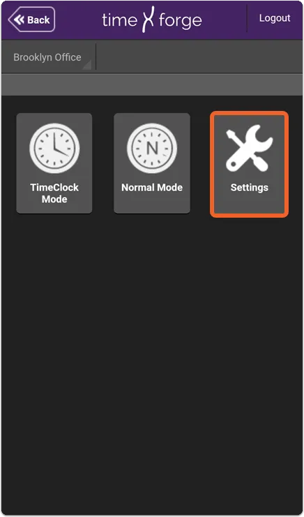 Tap the TIMECLOCK tile, then tap Settings