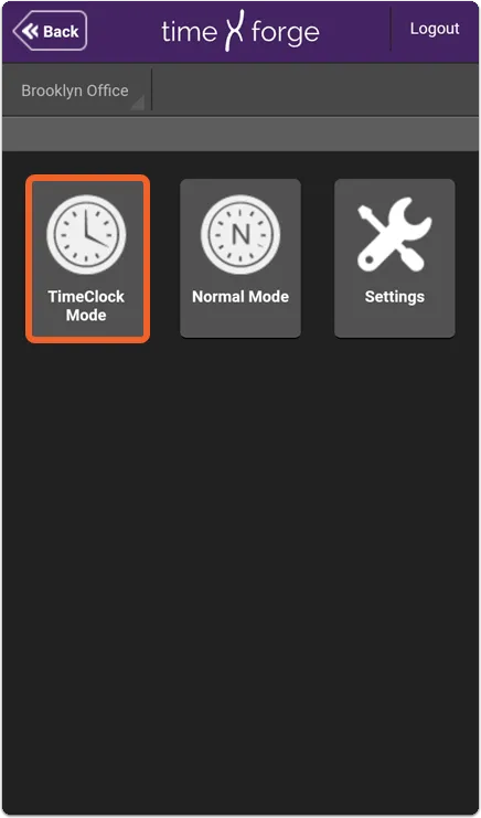 Tap the TIMECLOCK tile, then tap TimeClock Mode