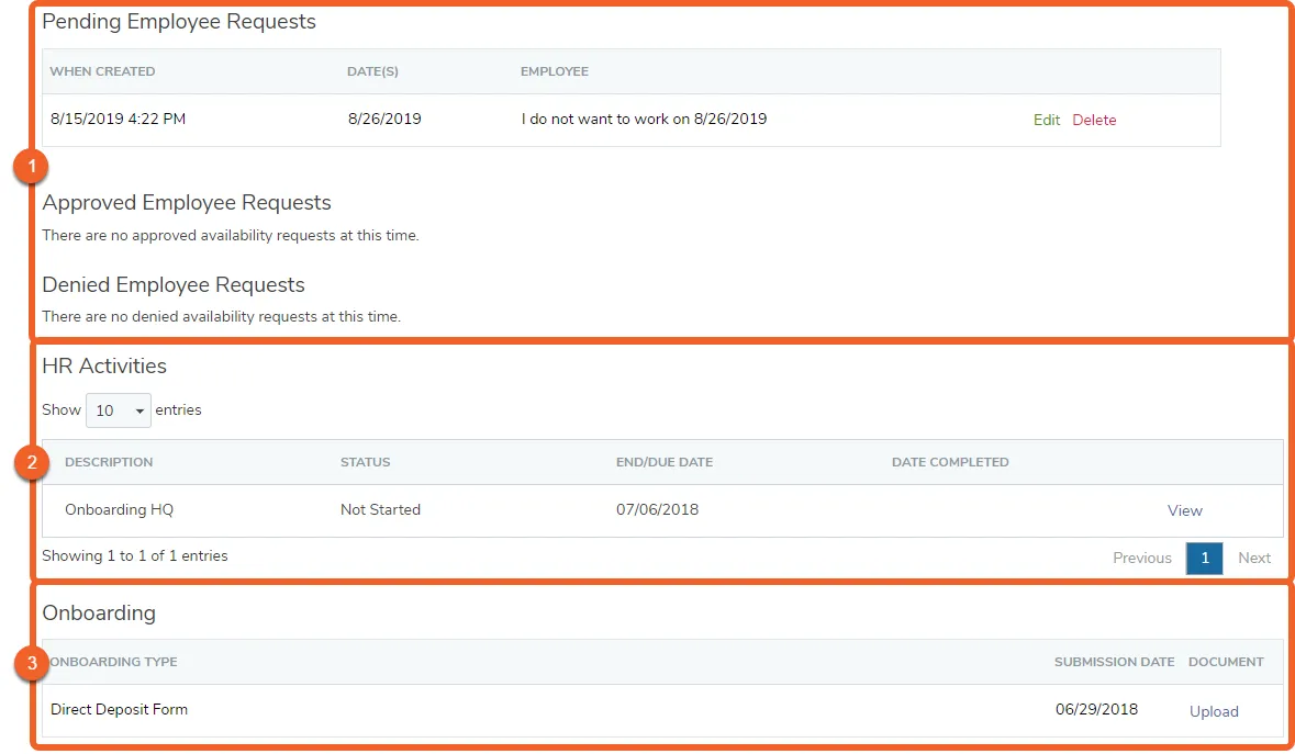Bottom of the Today Page (Requests and HR Activities)