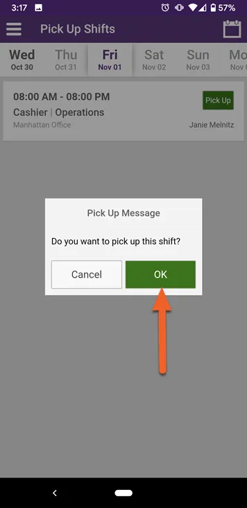 Click OK to confirm pick up