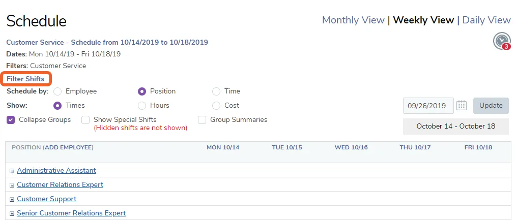 Click on Filter Shifts