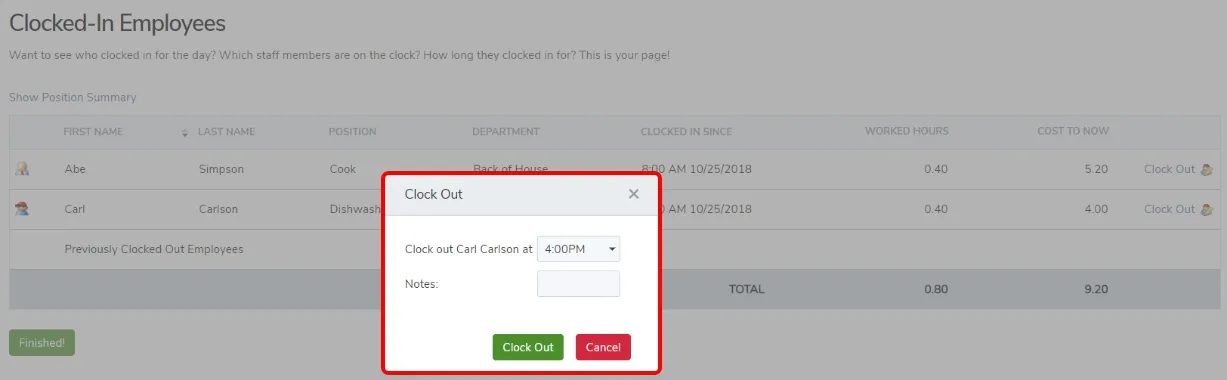 Clocking-out an employee. 