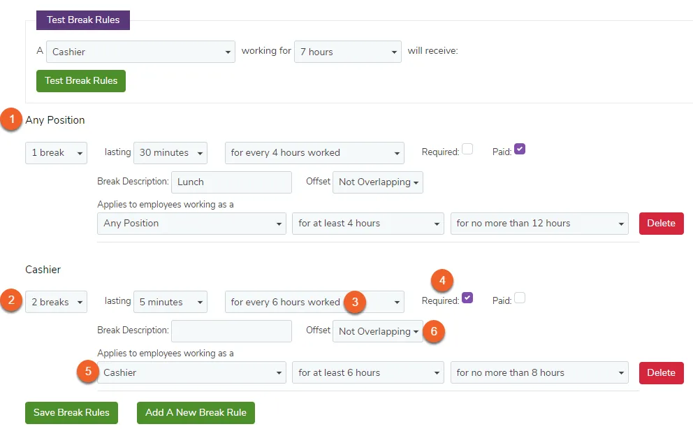 Configure rules for employee breaks