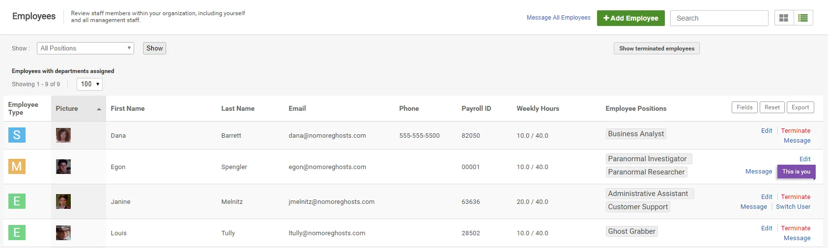 Example Employee Roster in List View