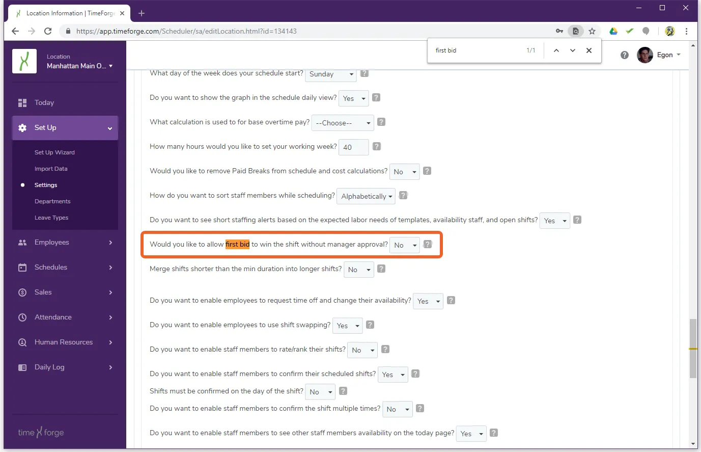 Locate the option to allow the first bid to win the shift without manager approval