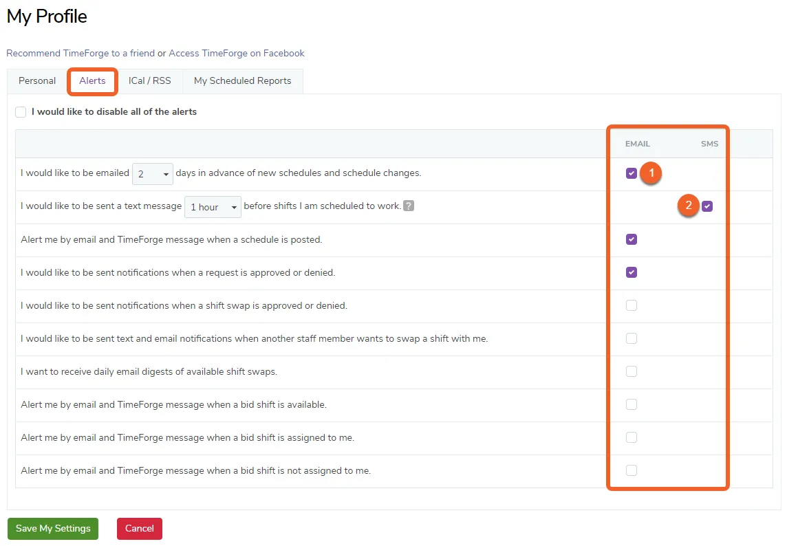 Open the Alerts tab and choose which alerts to receive