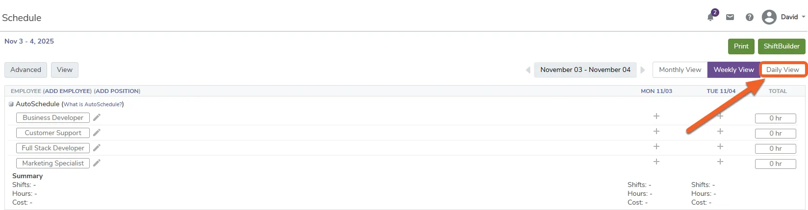 Select a view: Monthly, Weekly, or Daily