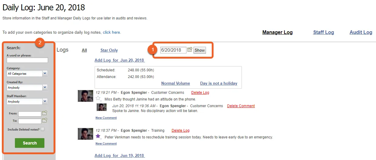 Select the day for which you would like to view log entries