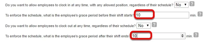 Set up grace periods for employee clock in/out.