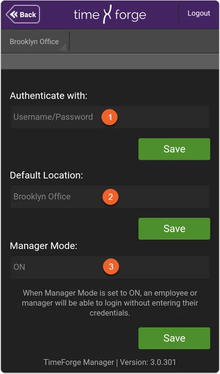 Tap the TIMECLOCK tile, then tap Settings