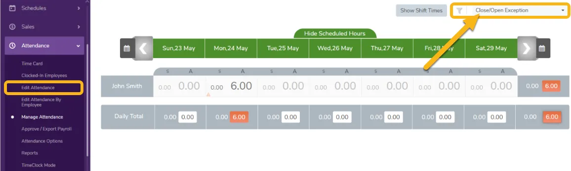 View attendance entries with close/open exceptions