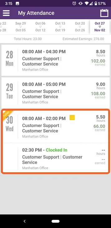 View your weekly and daily attendance
