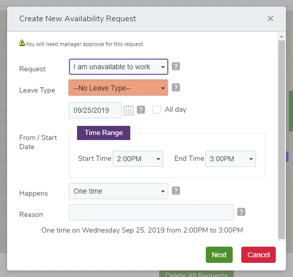 Choose the type of leave you wish to use for this request (if any)