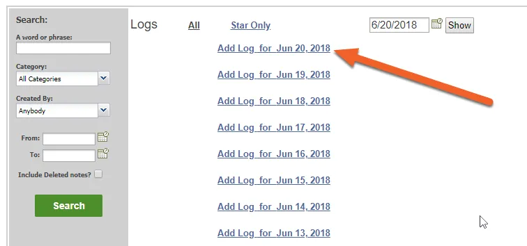 Click the “Add Log” link for the appropriate date