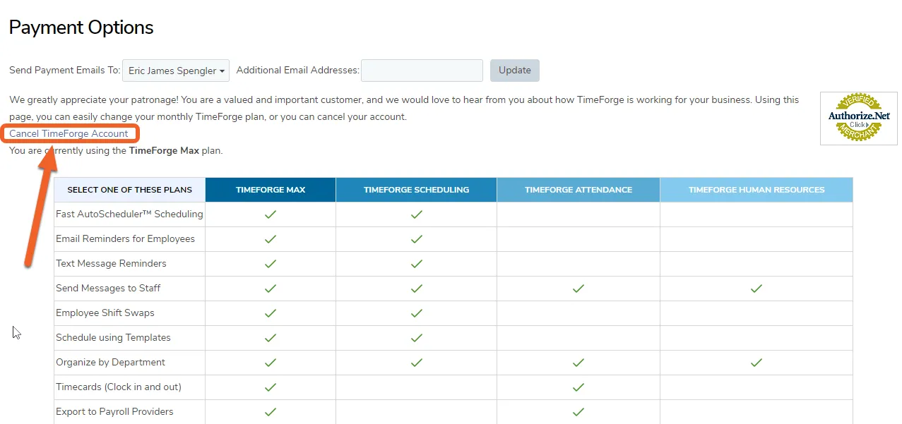 Click the “Cancel TimeForge Account” link