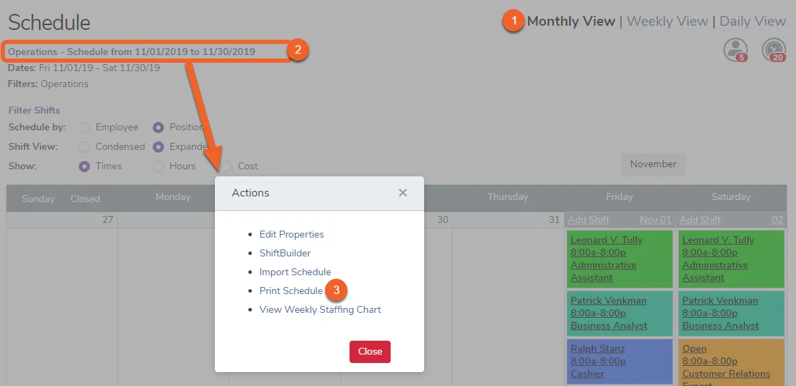 Click the schedule name in the Monthly View