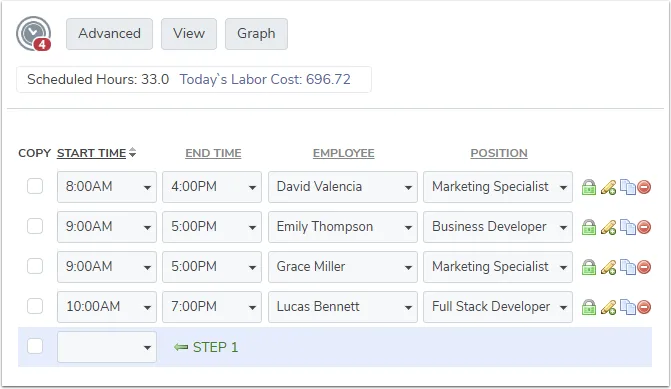On the left: list of shifts
