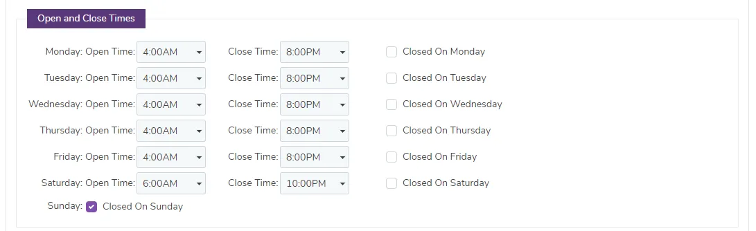 Open and close times