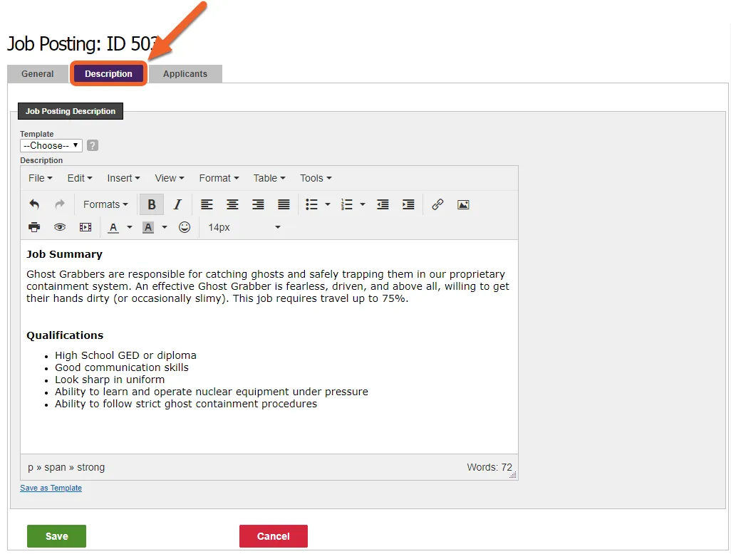 Select the Description tab, then enter the job description