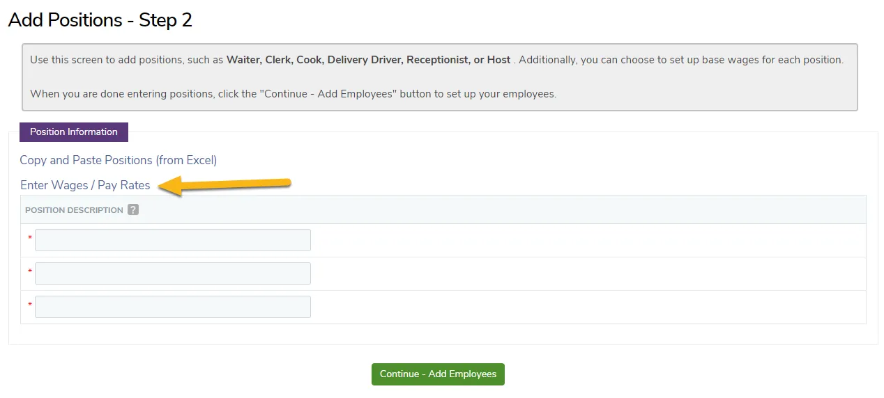 Add positions (and, optionally, wages for each)