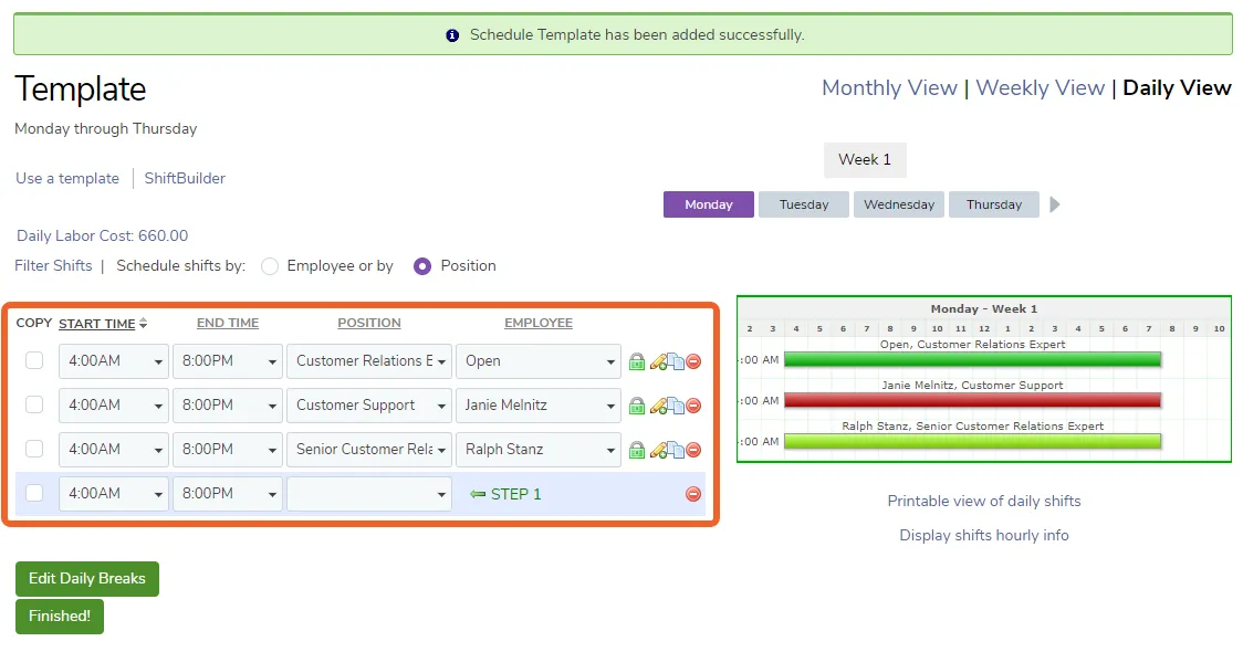 Add shifts to the work schedule template.