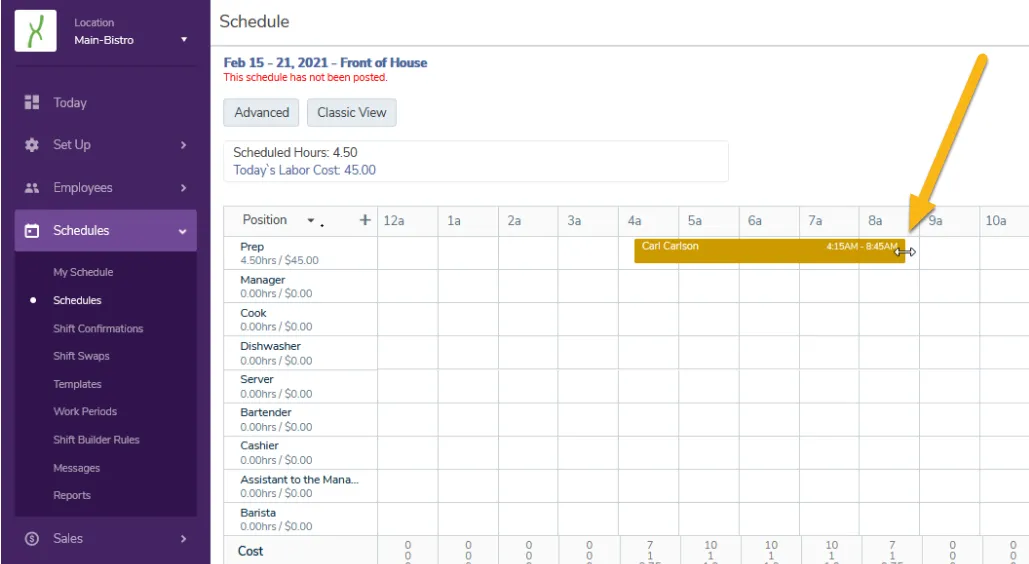Create shifts by clicking the grid