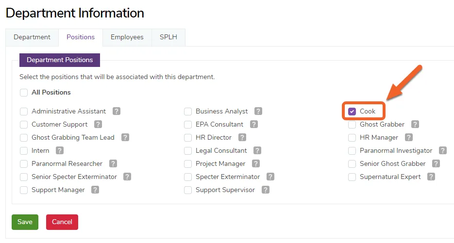 Choose which Positions should be in this Department