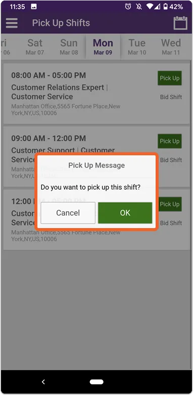 Click OK to confirm pick up