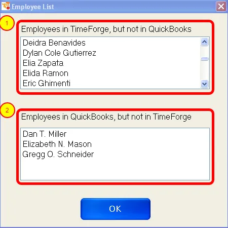 Compare the TimeForge and QuickBooks Employee Lists