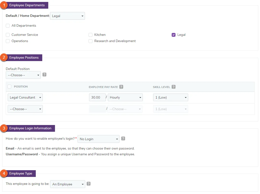 Employee Departments, Positions, Type, and Login Information